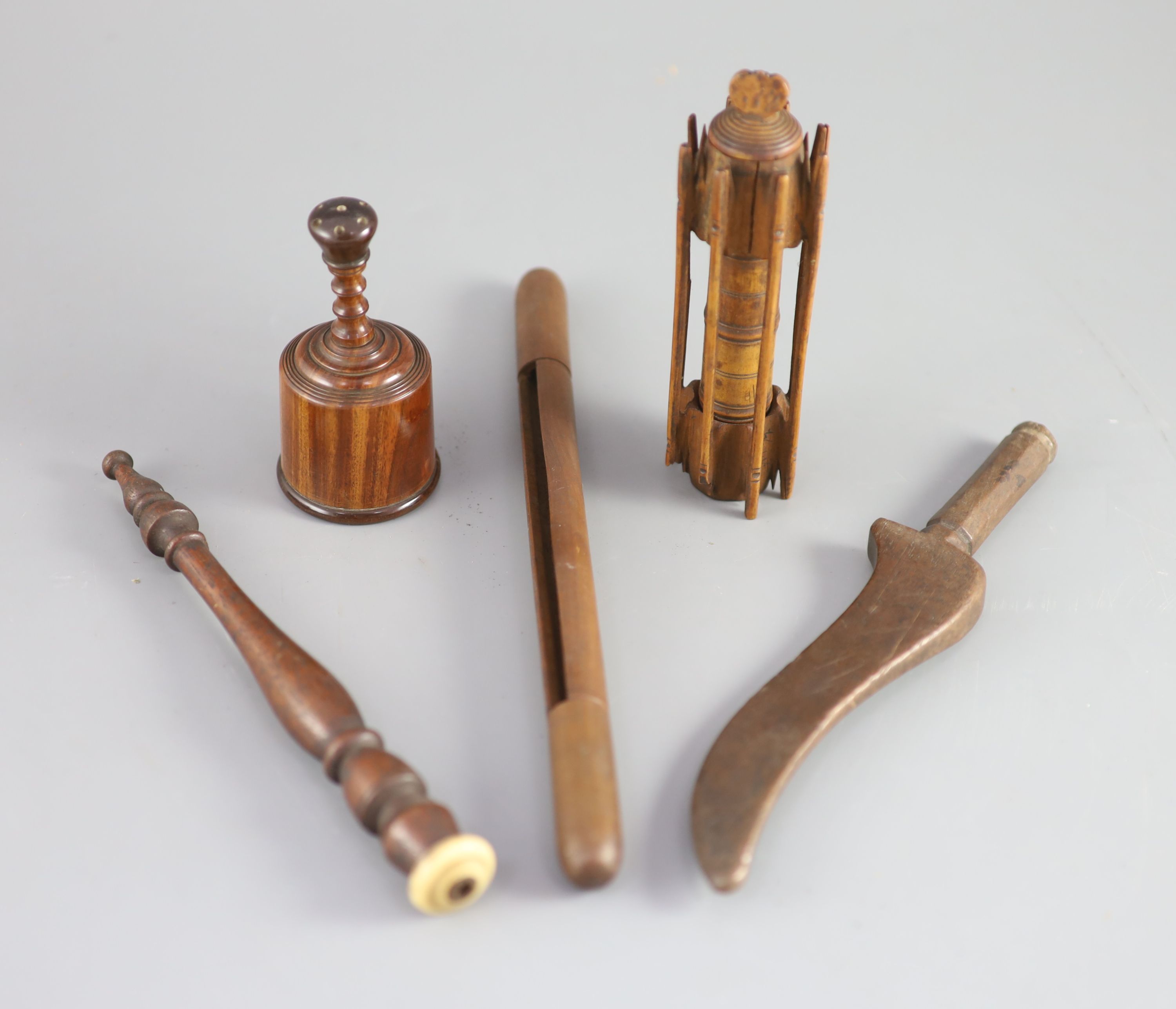 A late 18th century treen spool holder and silk winder